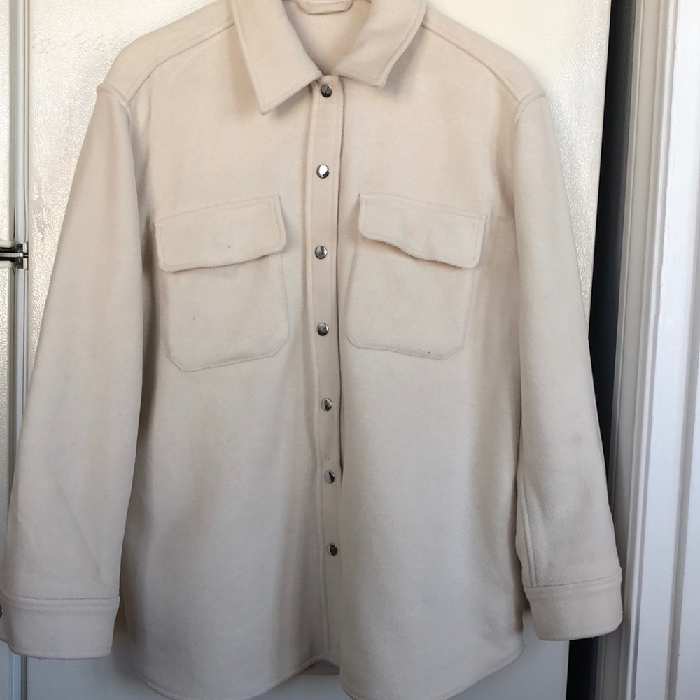 & other stories oversized wool blend shirt jacket overshirt (shacket) in creme.